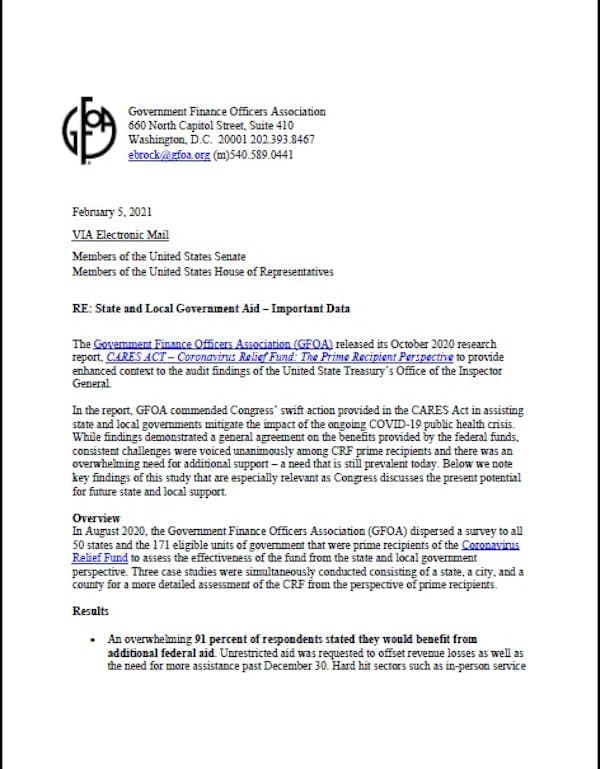 GFOA Letter to Congress on Fiscal Aid
