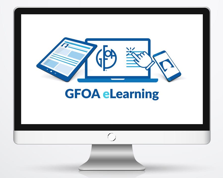 Computer Screen with GFOA logo, computer and words GFOA eLEarning