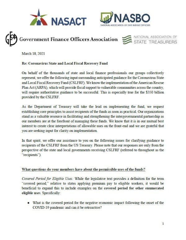 Coalition Letter to Treasury on ARPA 