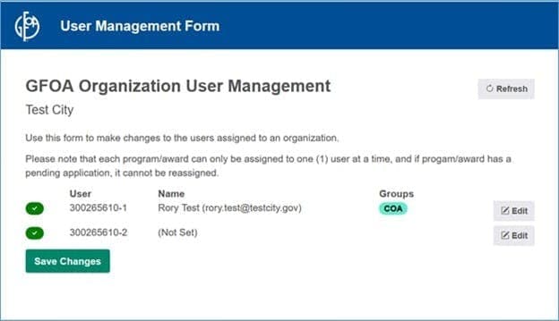 Screenshot of user management form. 